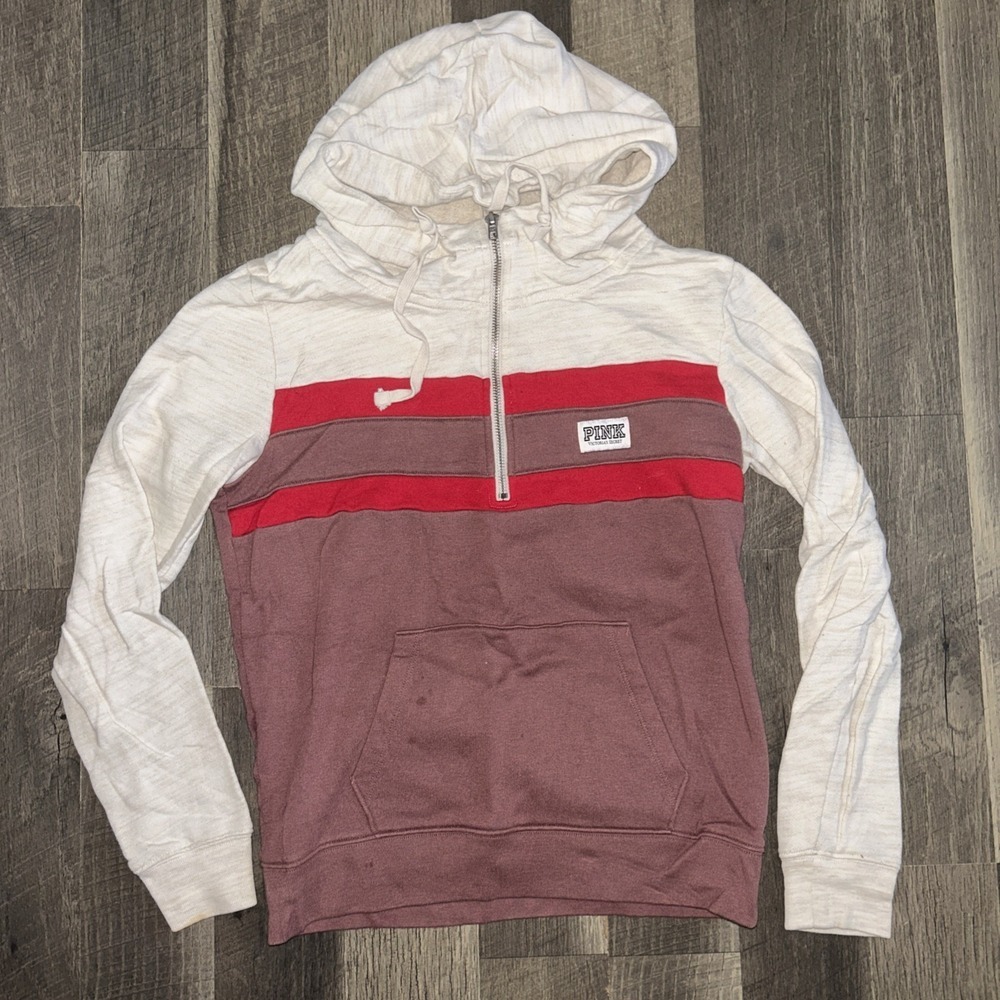Victoria's Secret PINK Quarter Zip Sweatshirt‎ Hoodie Mocha Red And Beige Size S